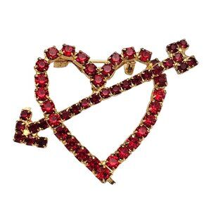 Red Prong Set  Rhinestone Open Heart Cupid Arrow Brooch C843